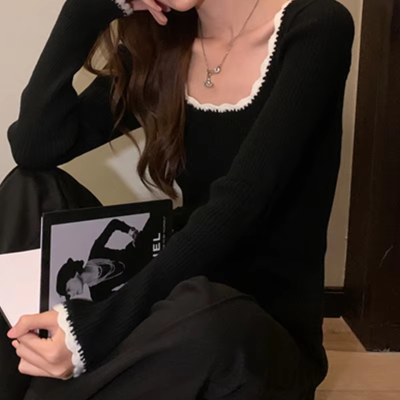 Female Casual Knitted Top Spring and Autumn Color Blocked Long-Sleeved Basic Knitwear Women's O-Neck Pullover Sweater - Image 4