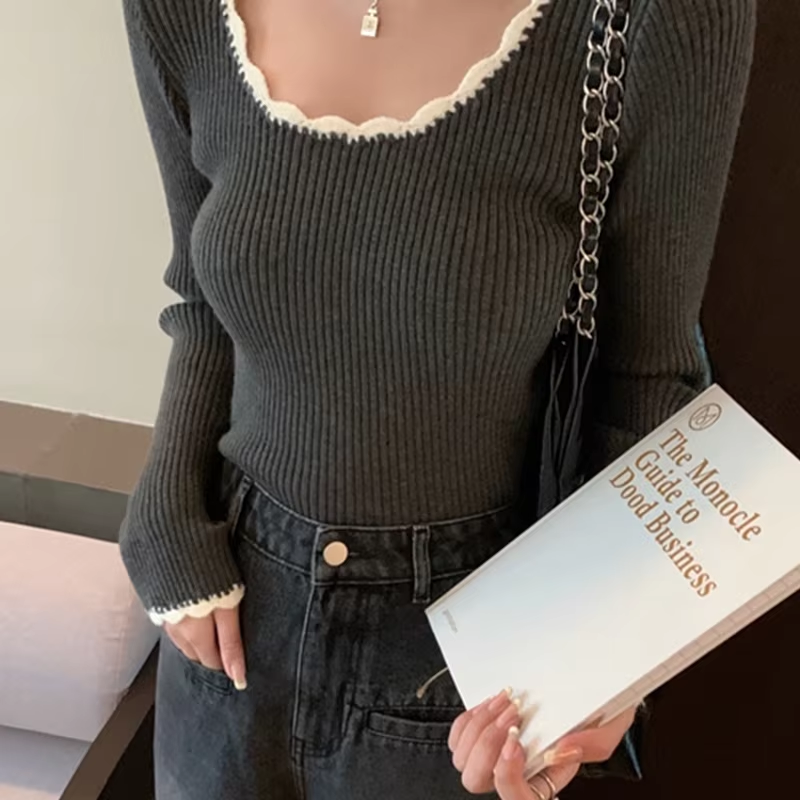 Female Casual Knitted Top Spring and Autumn Color Blocked Long-Sleeved Basic Knitwear Women's O-Neck Pullover Sweater - Image 5